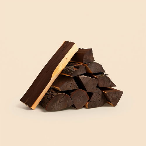 Split black walnut firewood logs, dark chocolate heartwood, stacked on a cream studio background