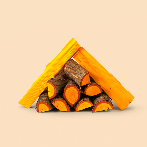 Split Osage orange firewood logs, bright golden heartwood, stacked on a cream studio background
