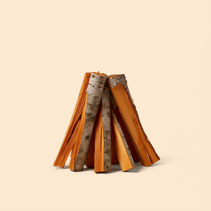 Split pecan firewood logs, stacked on a cream studio background