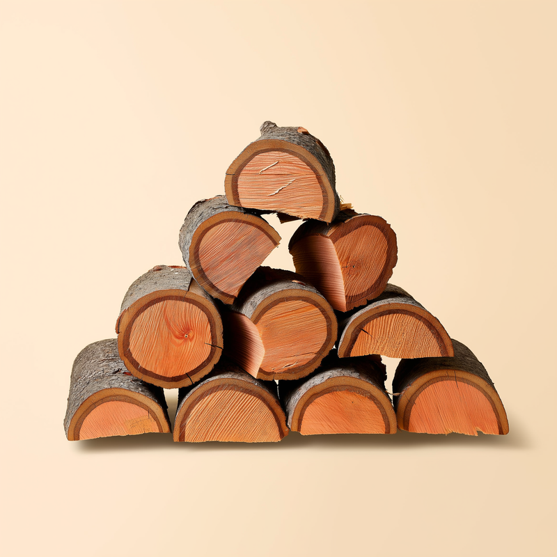 Split red oak firewood logs, stacked on a cream studio background