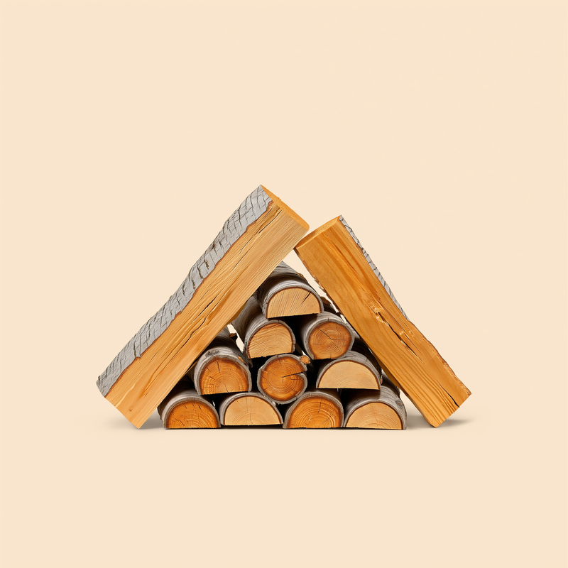 Split white oak firewood logs, stacked on a cream studio background