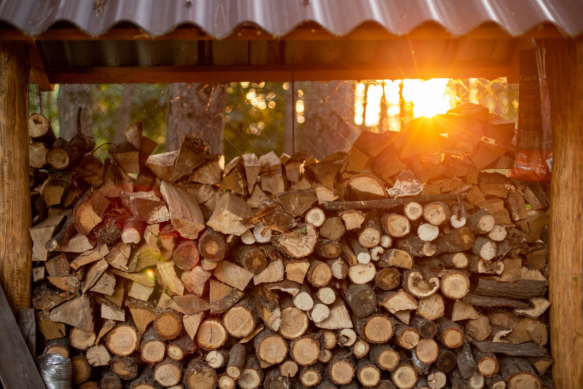 Woodshed stacked with firewood at sunset